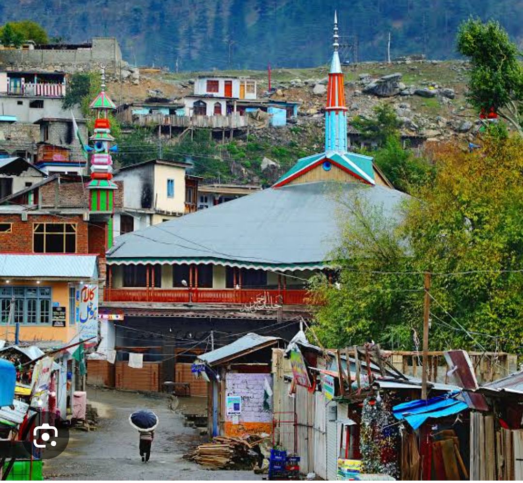 View of Kalam town with mosque minarets and mountain forest